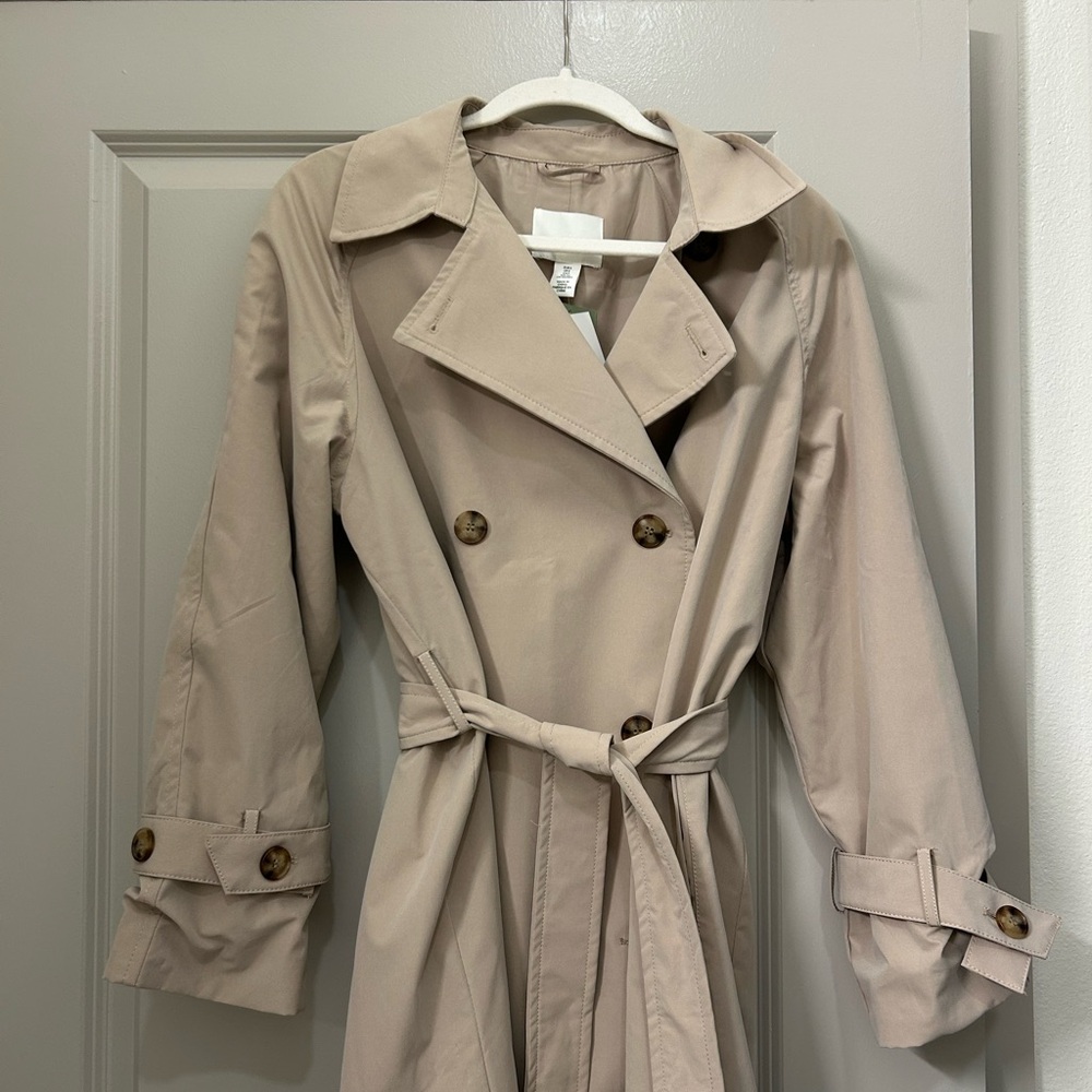 New H&M Beige Double Breasted Long Trench Coat Old Money Classic Size S Jacket